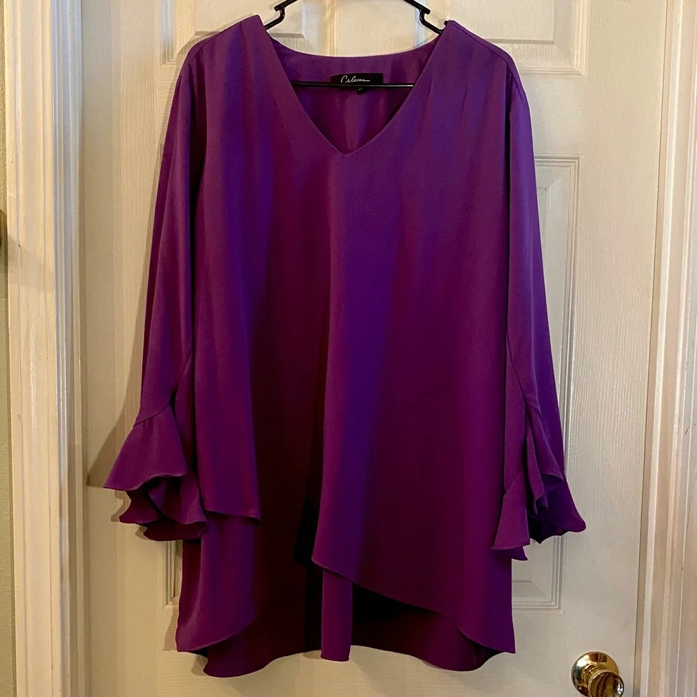 CALEESA Beautiful Elegant Purple Blouse with Ruffled Sleeves - Picture 3 of 10